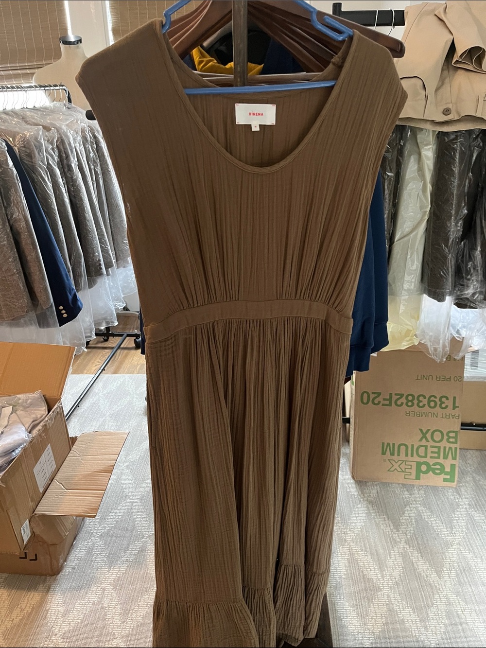 XiRENA Brown Sleeveless Pleated Maxi Dress